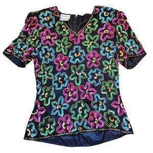 Stenay Blouse Women's S Black Floral Silk Harlequin Sequins Retro Vintage 80s90s